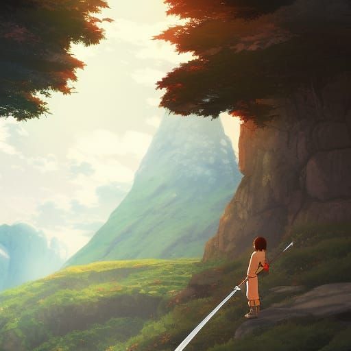 Anime Swordsman in Misty Mountains, Ghibli Style