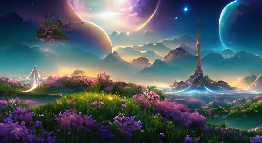 Iridescent Fantasy Landscape with Luminous Moons