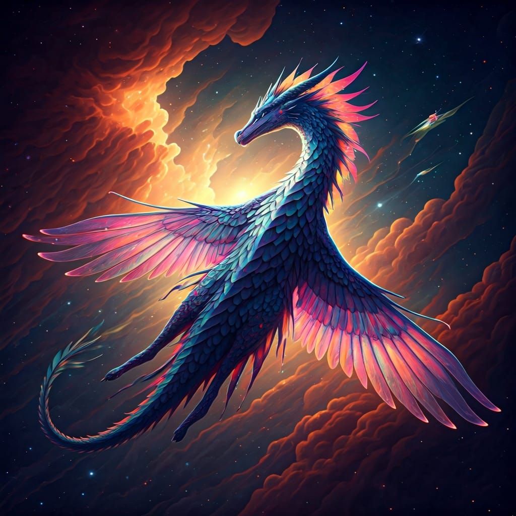 Bioluminescent Space Dragons Soaring Through Nebula