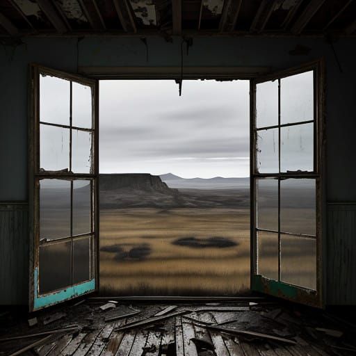 Weathered Abandoned House Window Amidst Barren Landscape