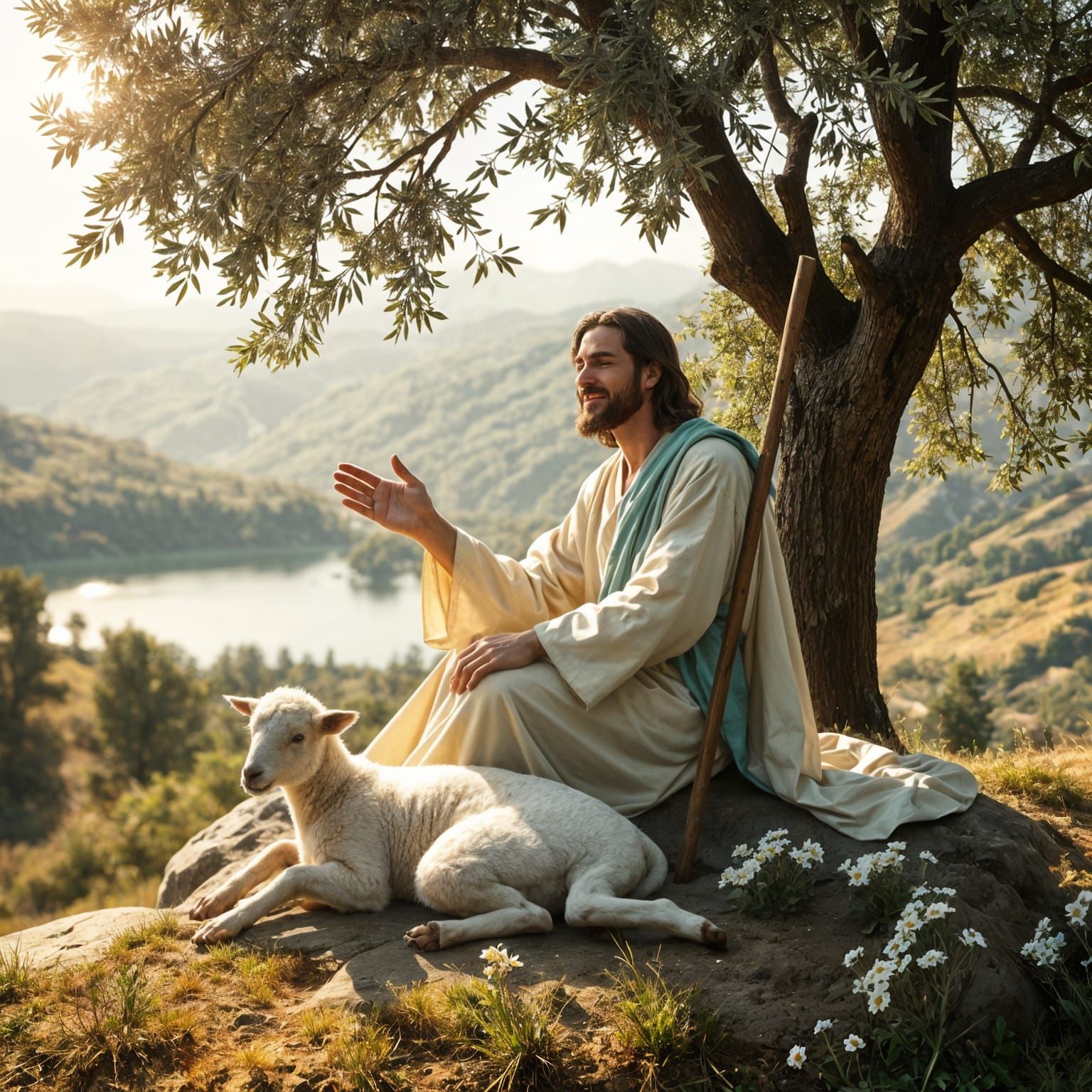 Jesus on Hillside Overlooking Still Waters
