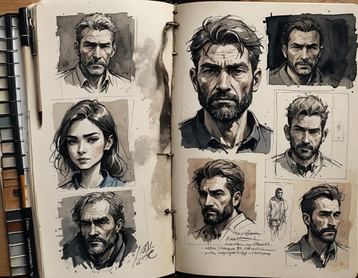 Rustic Hand-Drawn Character Sheet in Watercolor Style