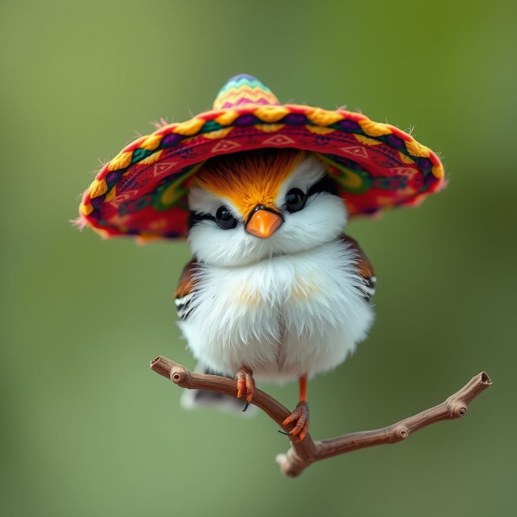 Fluffy Bird in Sombrero: Surrealist Digital Art