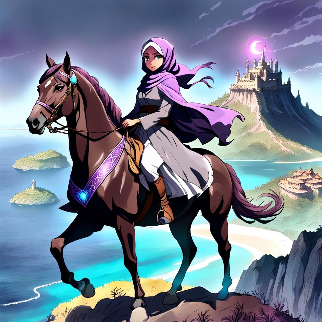 Girl on Horseback on Island, Anime Digital Art