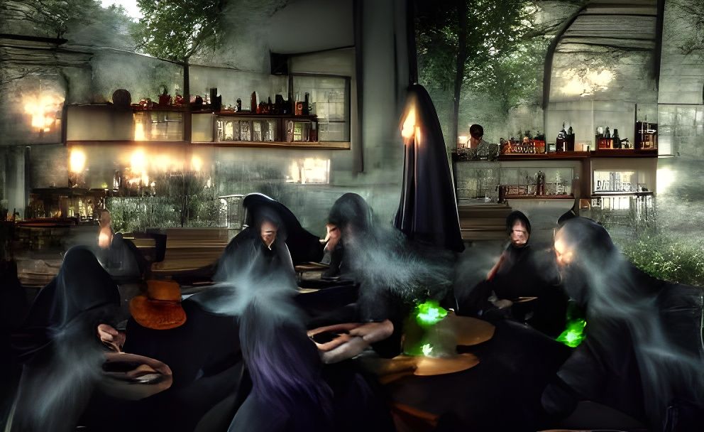 Creepy Witches Play Poker in Smoky Bar