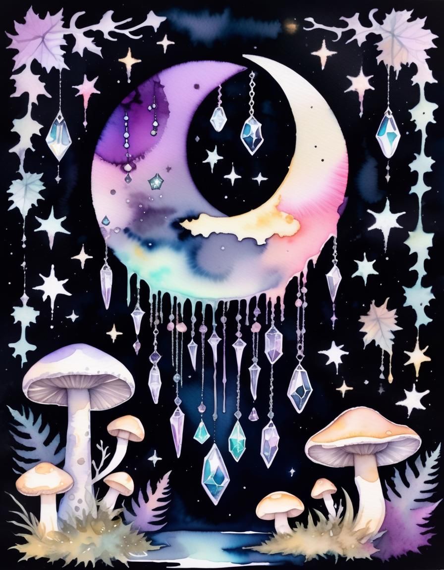 Pastel Goth Crescent Moon with Crystals in Watercolour