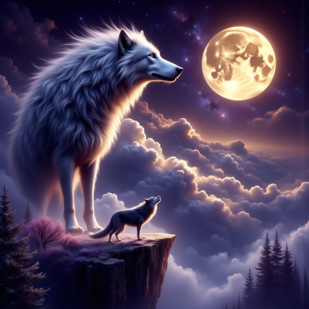 Wolf and Dragon Confrontation Under Starry Night Sky in Dark...