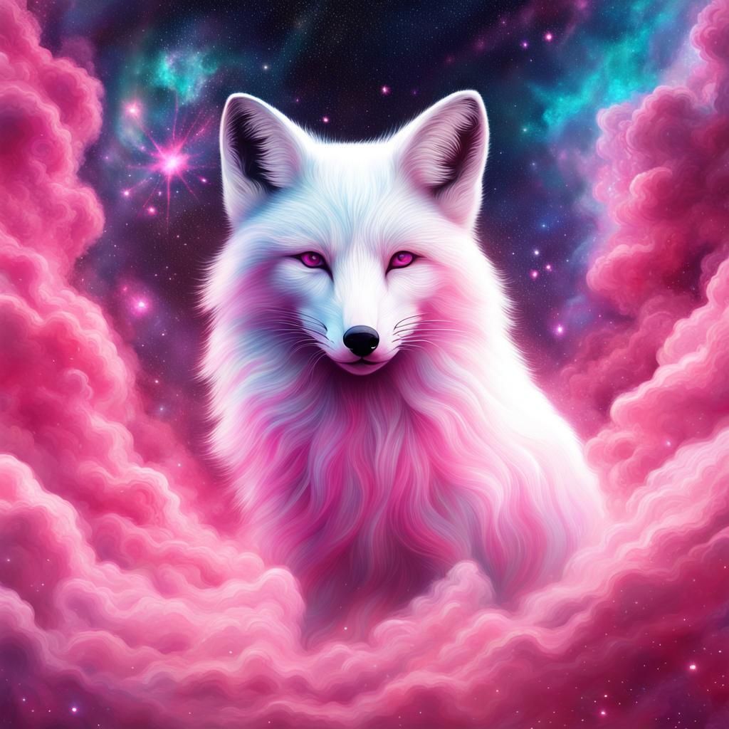 Cosmic White Fox in Sparkling Nebula