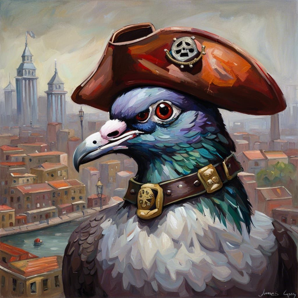 Pirate Pigeon in Cityscape, Oil Painting Style