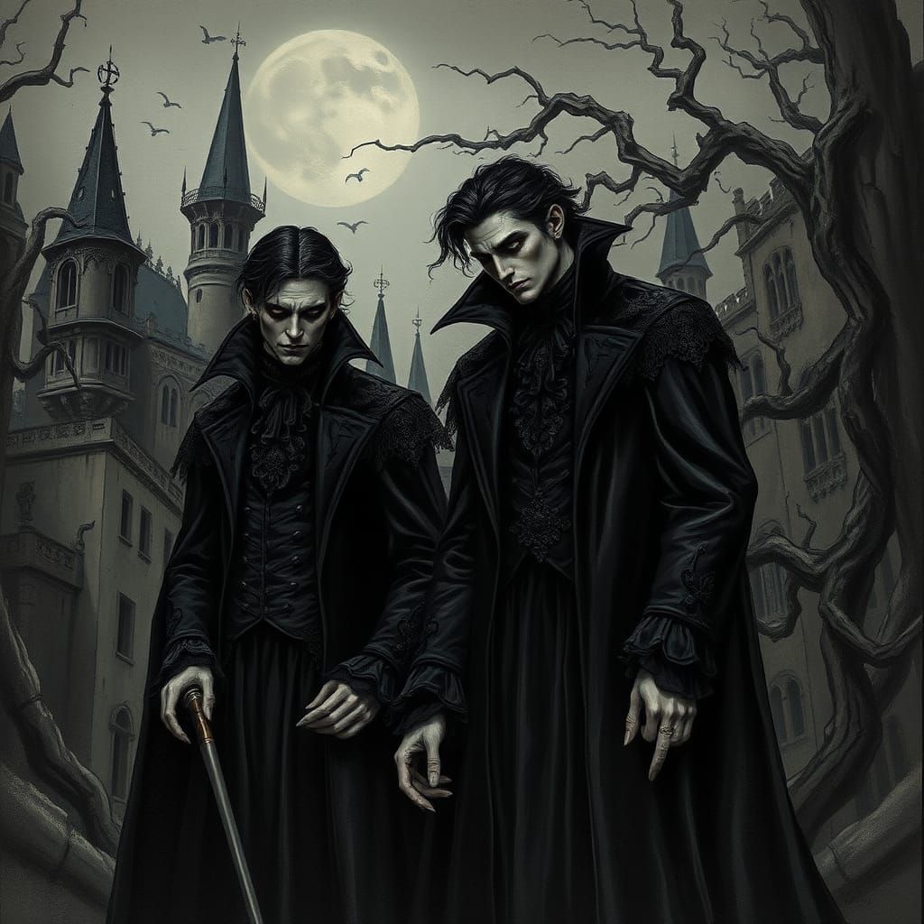 Vampires in Gothic Cityscape as Eerie Etching