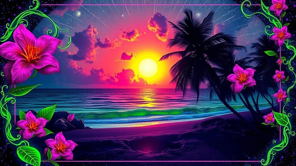 Exotic Beach Sunset with Fractal Cosmos
