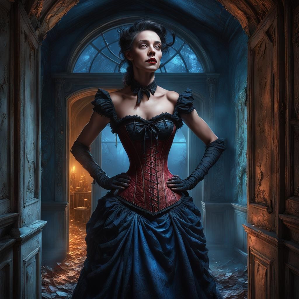 French Woman in Torn Corset in Manor, Fantasy Art