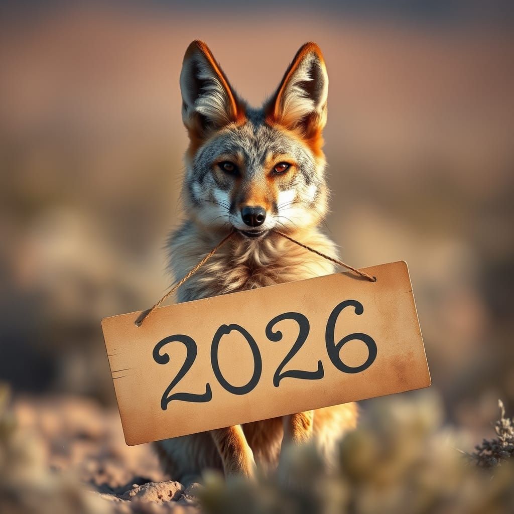 Desert Coyote Holds Mysterious Sign with Faded Numbers