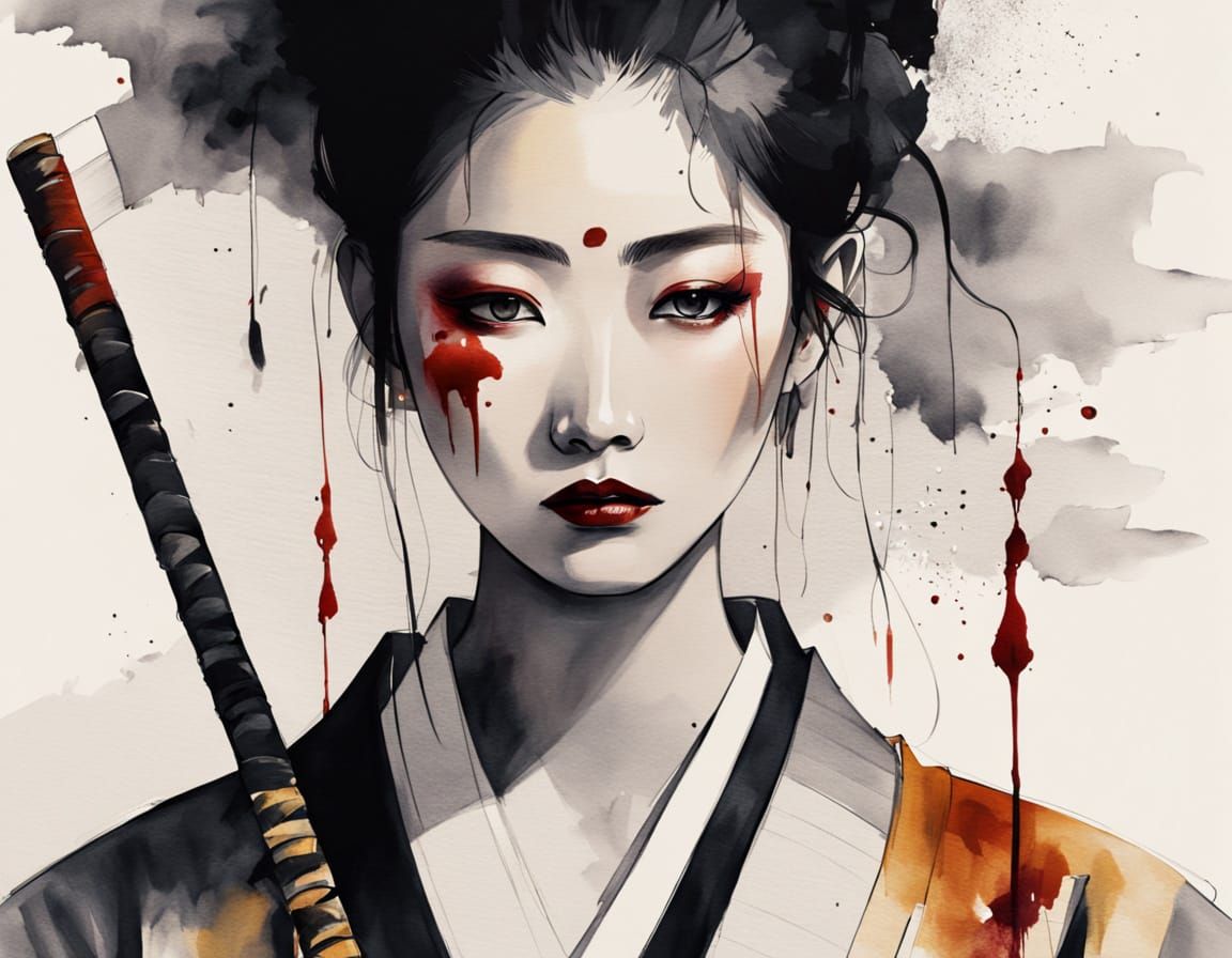 Japanese Ink Wash Warrior Woman with Blood Katana