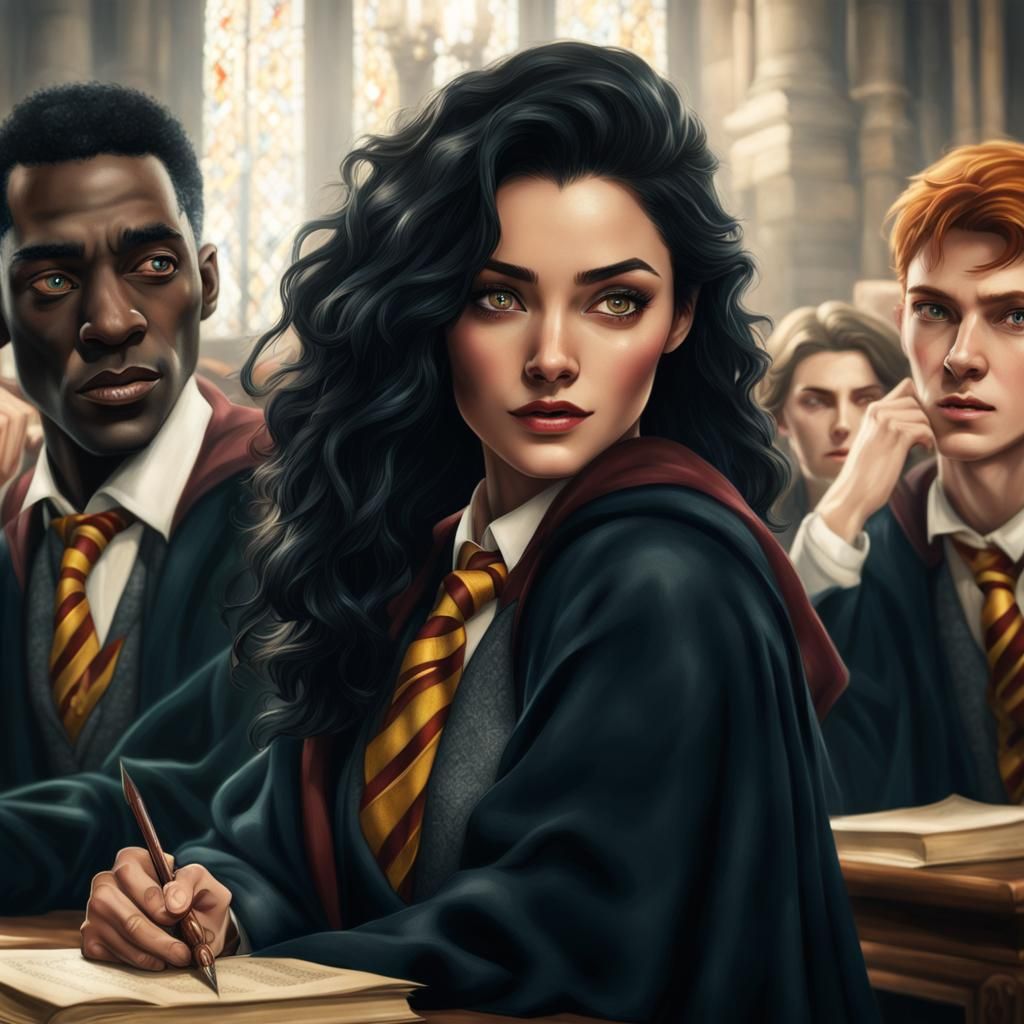 Enamored Brunette in Hogwarts Robes, High-Quality Image