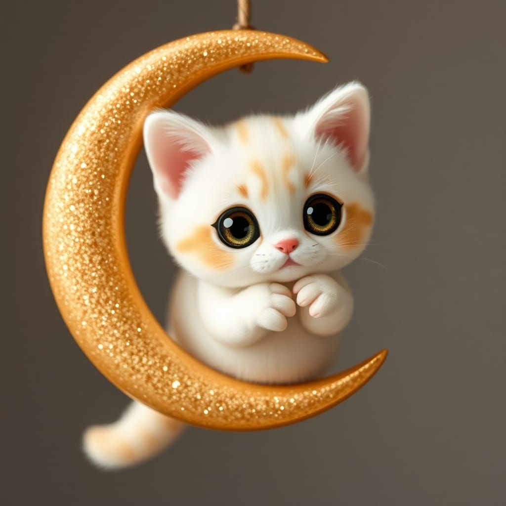 Adorable Kawaii Cat on Crescent Moon