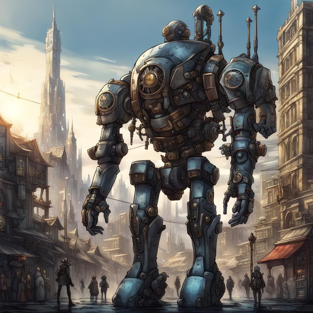 Aetherpunk Mech Protector in Grand Fantasy Cityscape