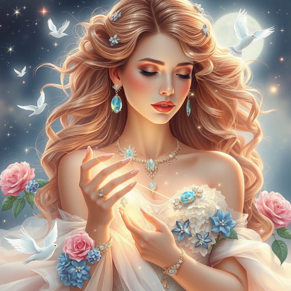 Ethereal Goddess of Balance in Rose-Gold Splendor