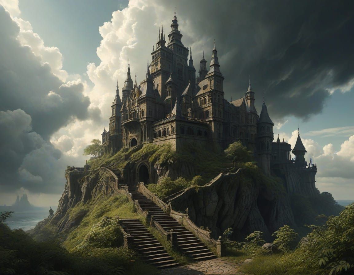 Dreamlike Castle Amidst Lush Island Landscape