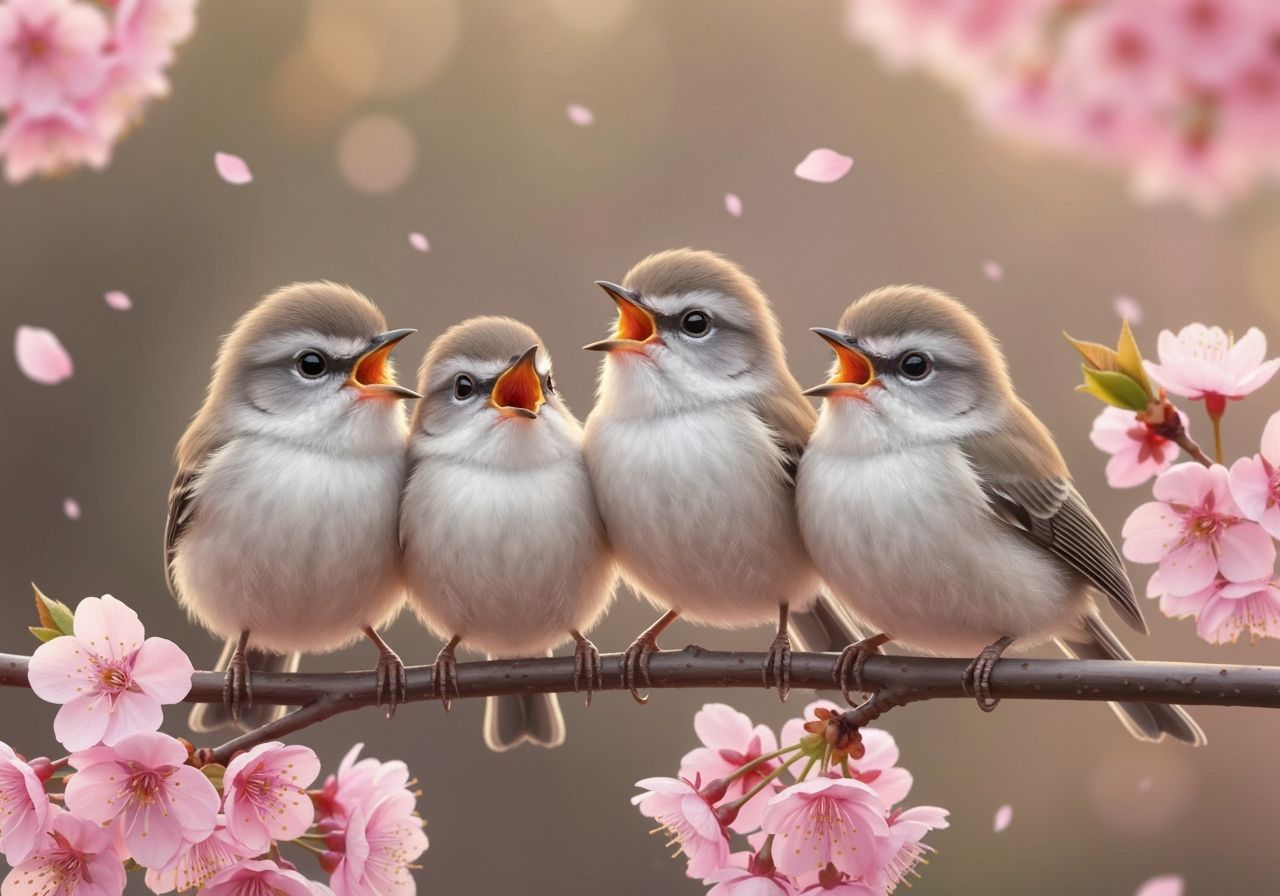 Adorable Fluffy Birds Singing on Sakura Branch