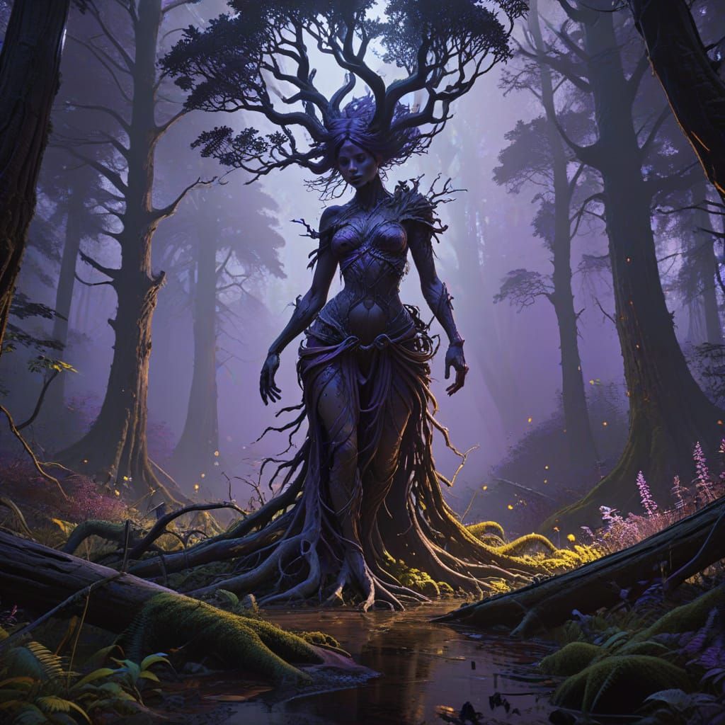 Mystical Redwood Forest Figure in Dark Fantasy Style