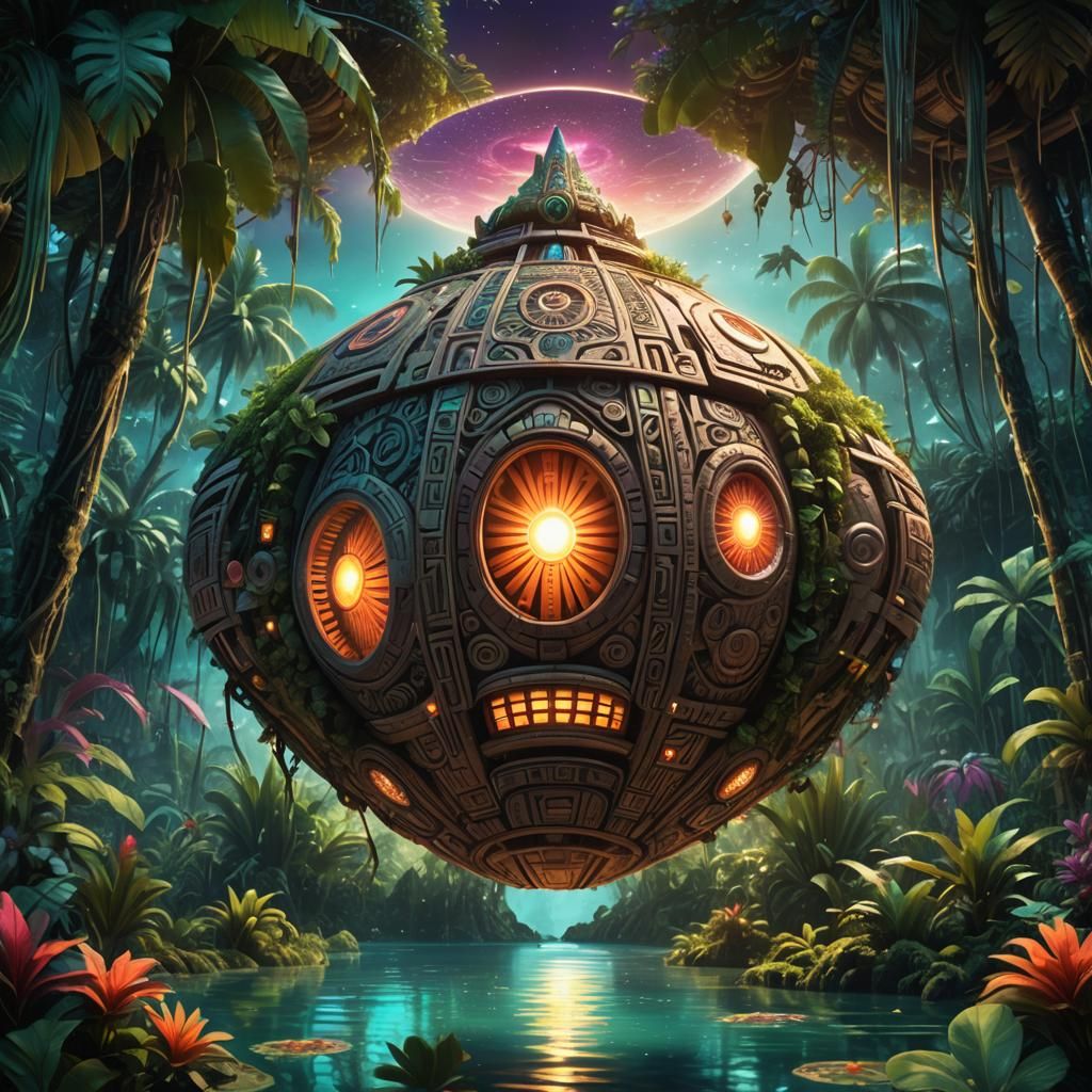 Organic Futuristic UFO over Tropical Lagoon