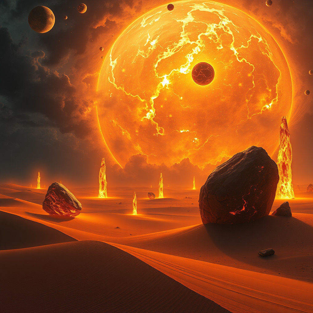 Fiery Asteroid Storm Over Desert Landscape