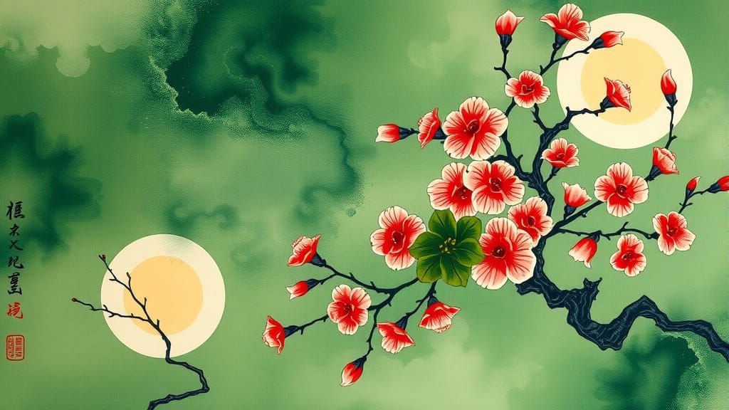 Botanical Oriental Painting with Full Moon