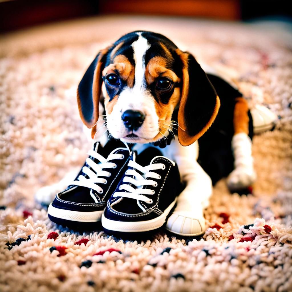 Adorable Beagle Puppy with a Sneaker