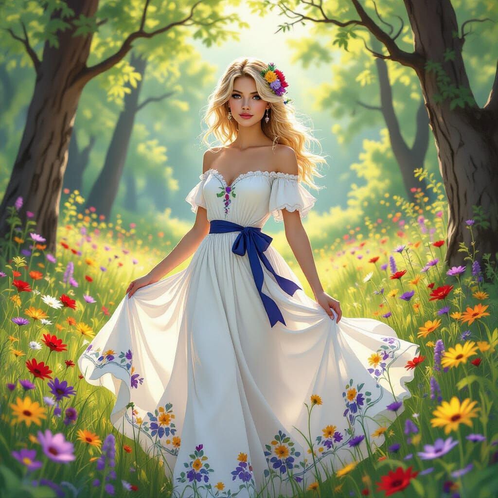 Woman in Floral Dress in Sunlit Forest Clearing