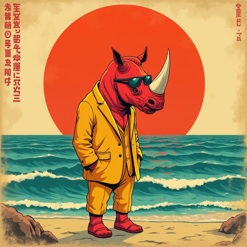Mysterious Red Rhino in Stylized Yellow Suit Under Red Sun