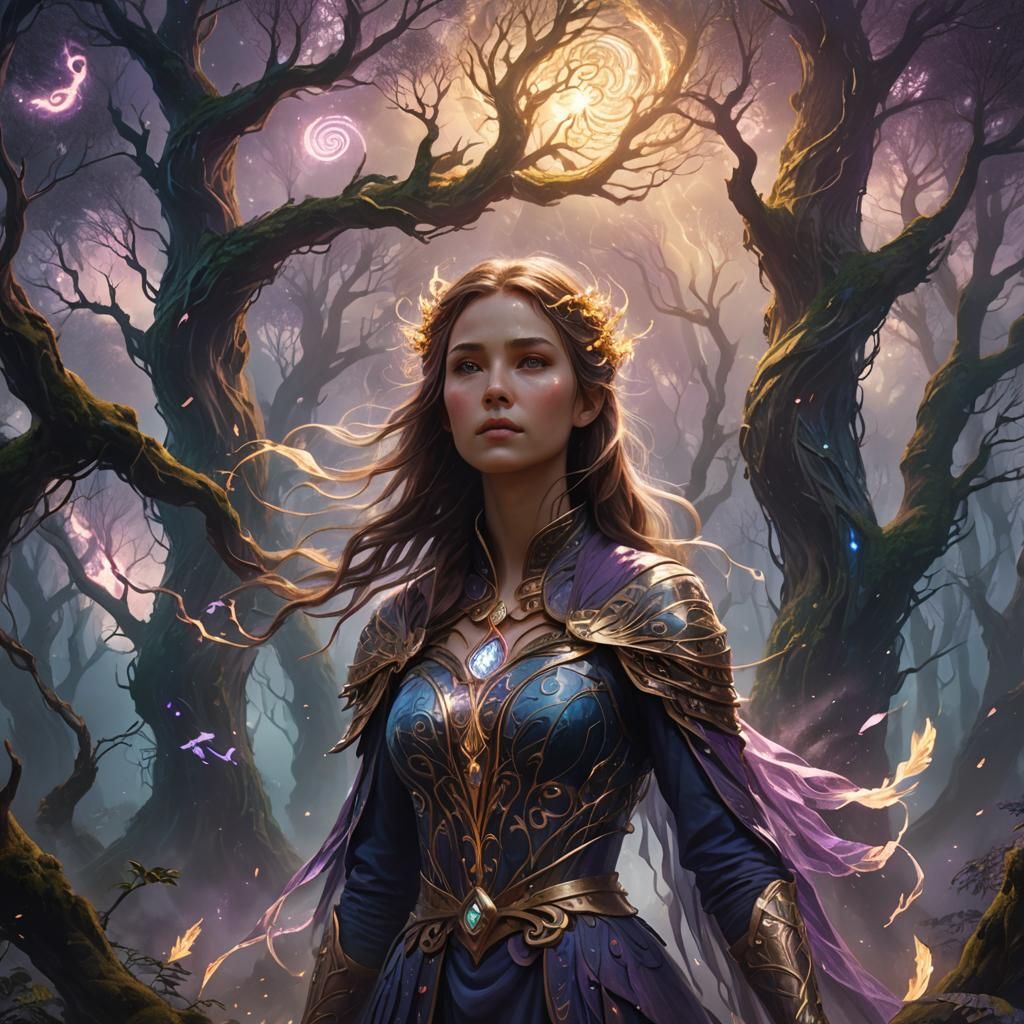 Girl with Storm Chest in Mystical Forest