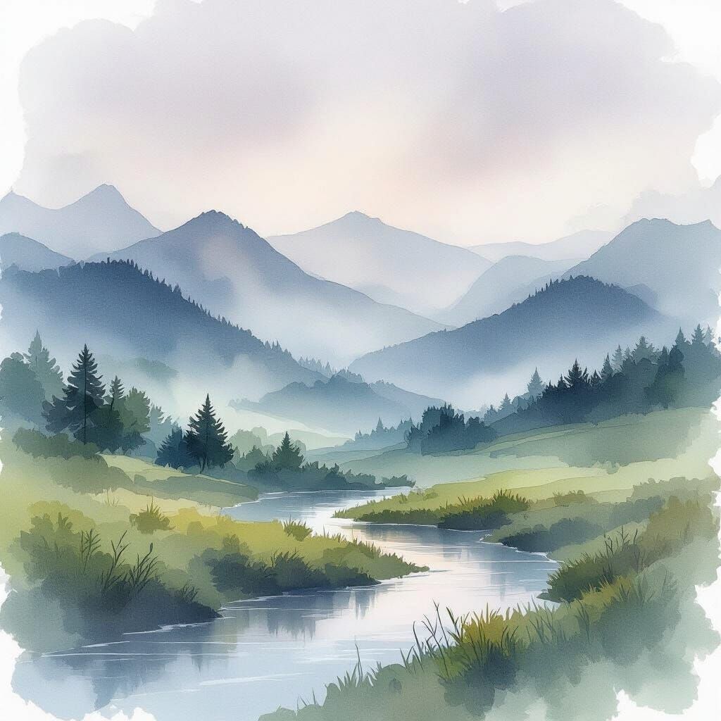 Dreamy Watercolor Misty Mountain Landscape