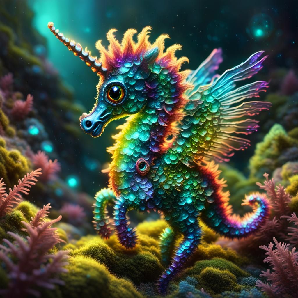 Rainbow Seahorse Flight Through Alien Landscape