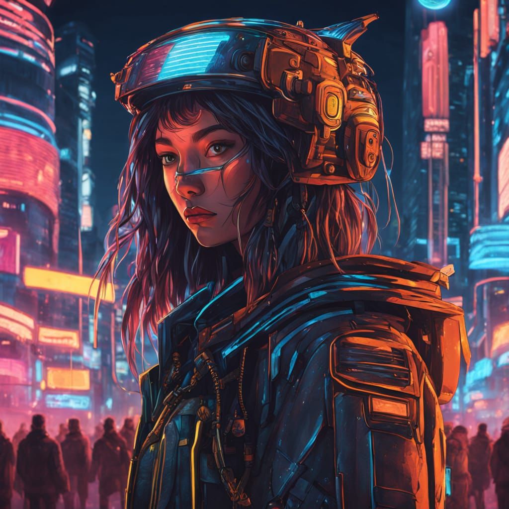 Futuristic Samurai Girl in Neon Cyberpunk City