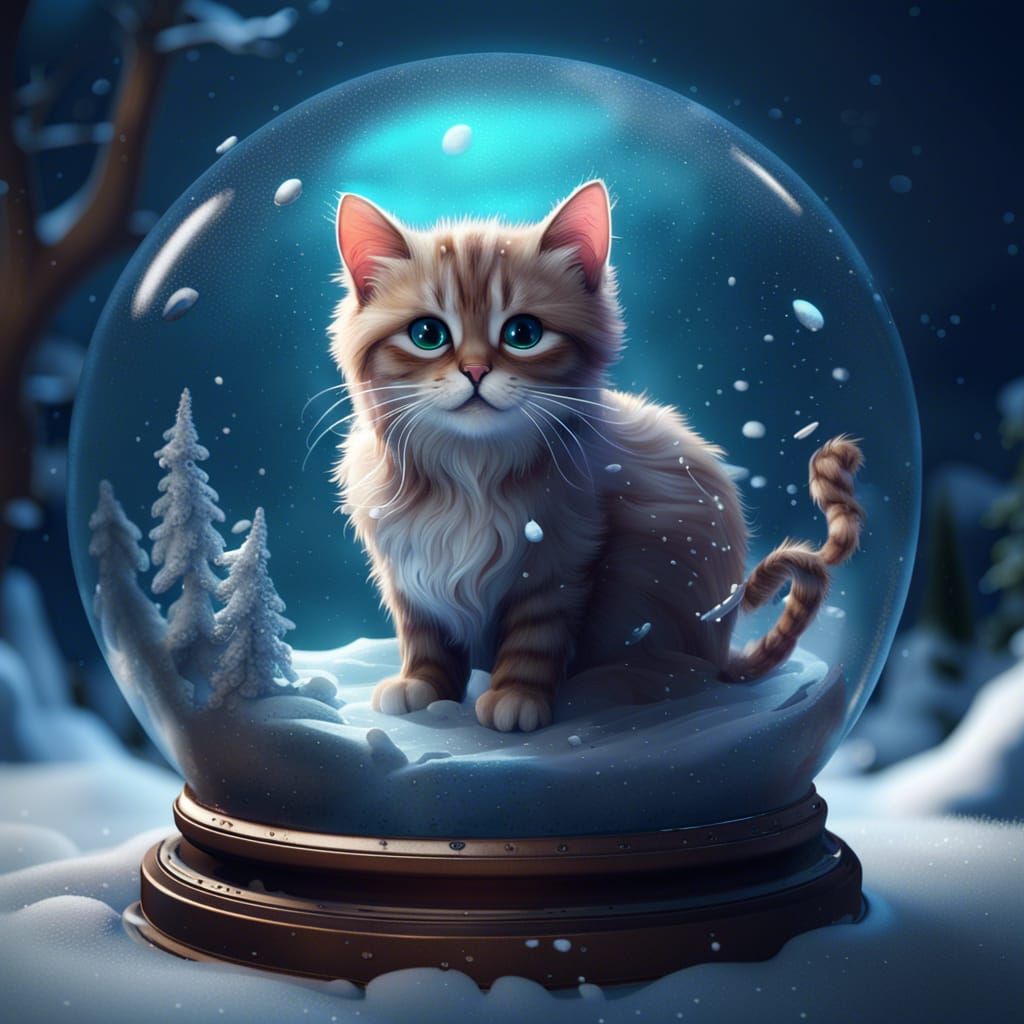 Cat in Snow Globe: Detailed Digital Painting