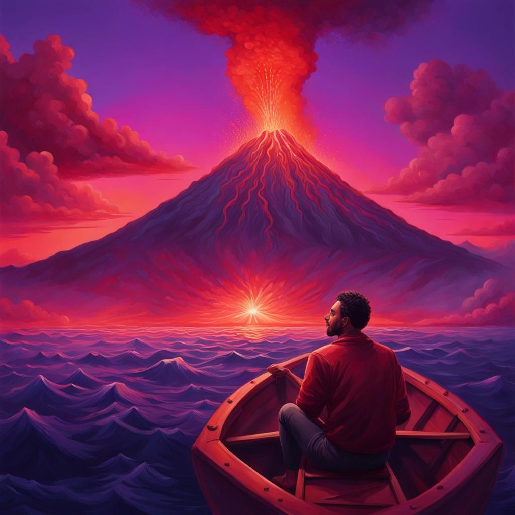 Volcano Eruption Watched from Boat: Hyperrealistic Splash Ar...