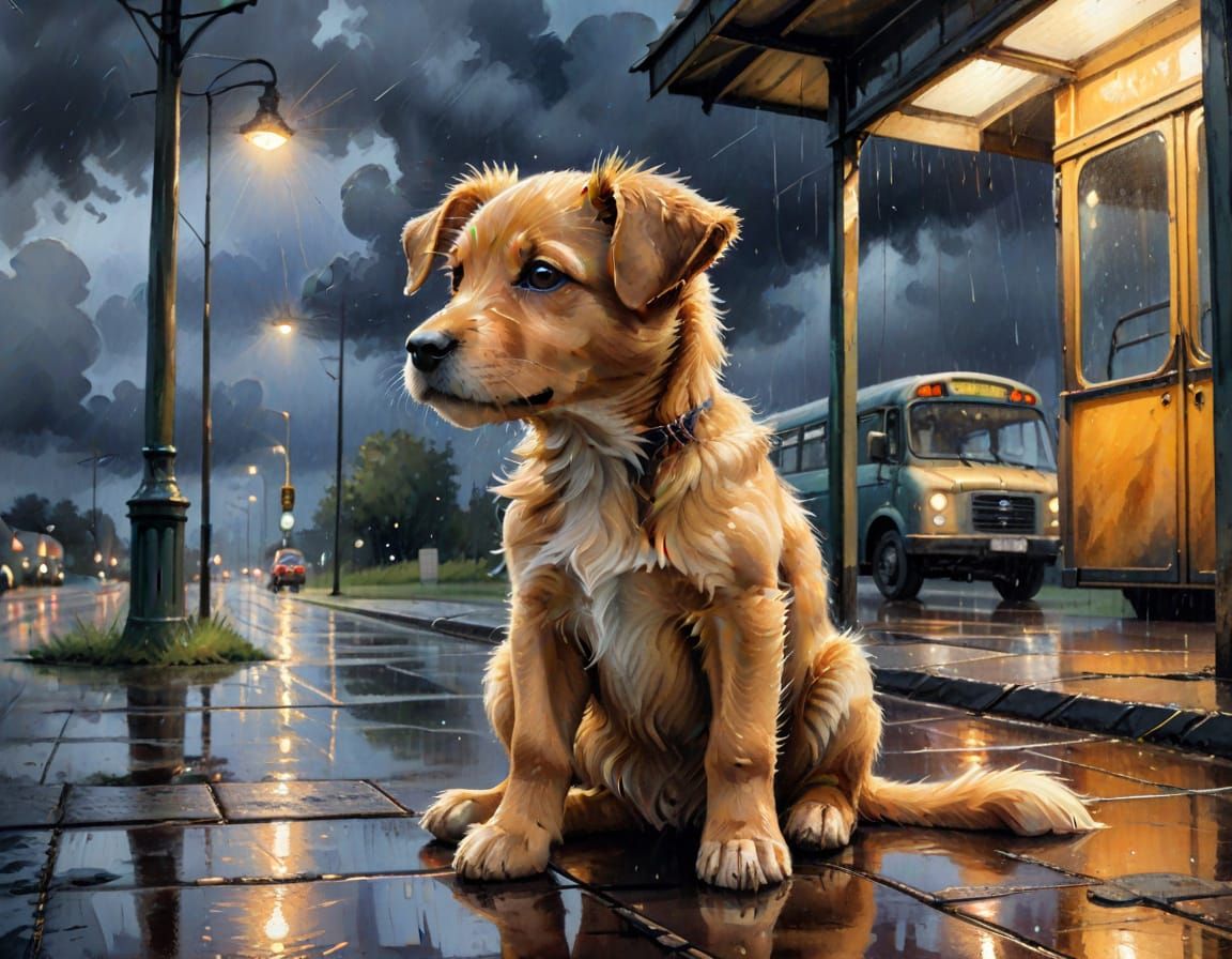 Stray Puppy in Summer Rain: An Art Nouveau Oil Painting