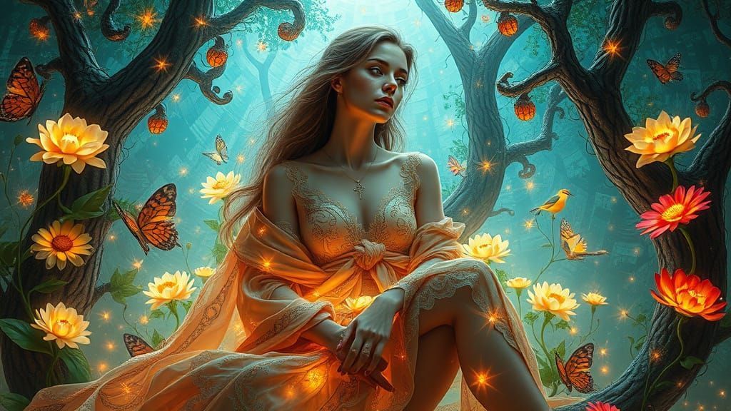 Enchanted, Ethereal Woman in Luminous Dreamscape