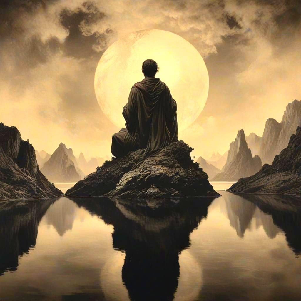 Ethereal Mystic Floating Amidst Dissolving Island in Art Nou...