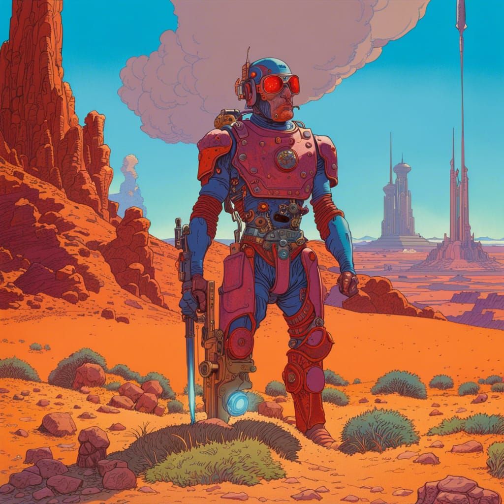 Grotesque Cyborg in Moebius Comic Style