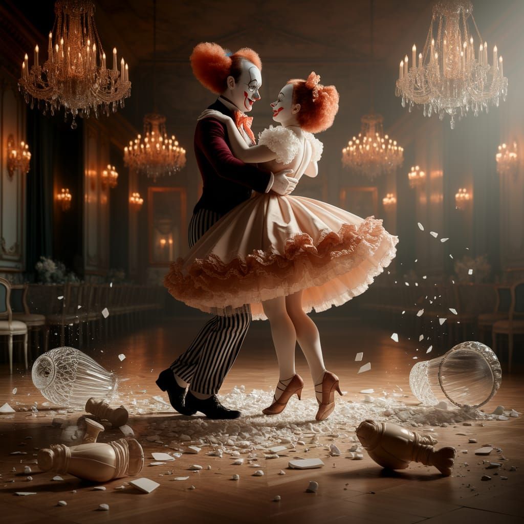 Clowns Waltzing Amidst Ballroom Chaos