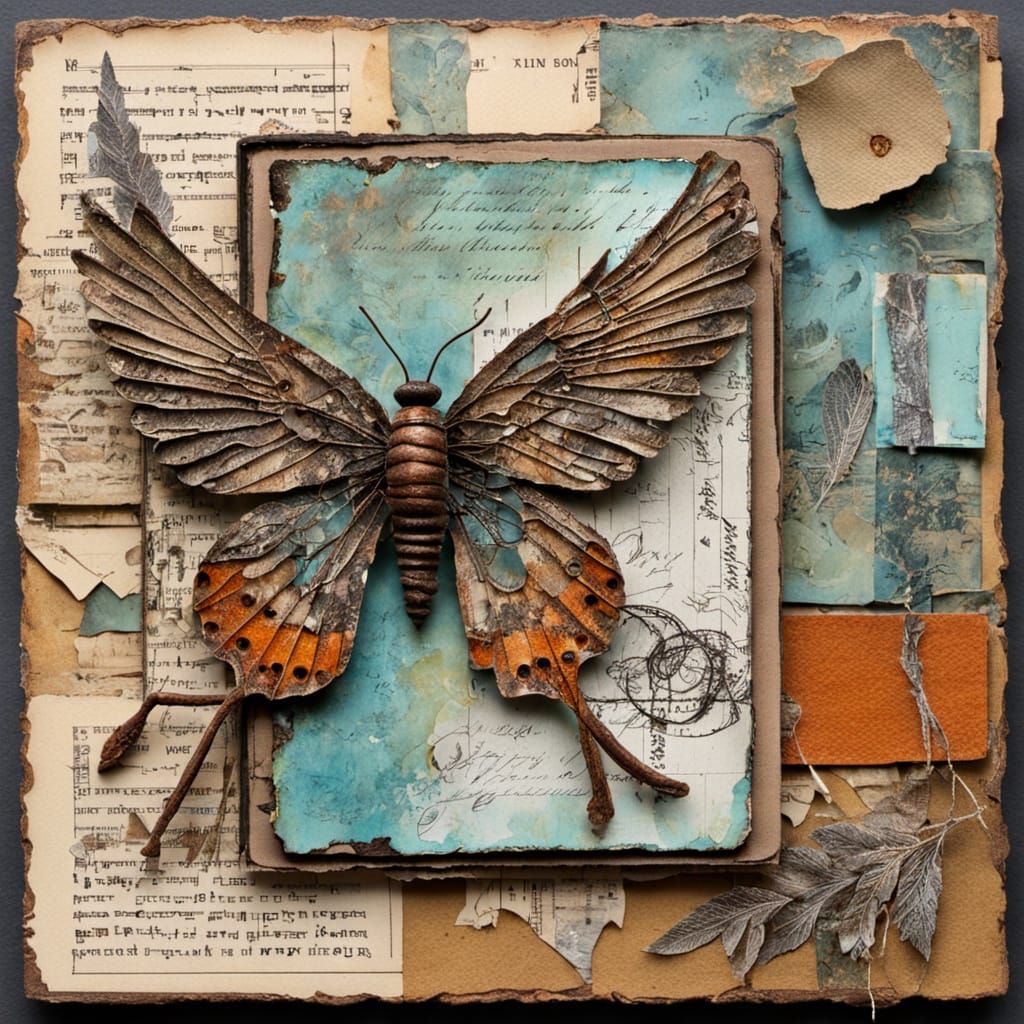 Earthly Winged Collage in Distressed Natural Hues