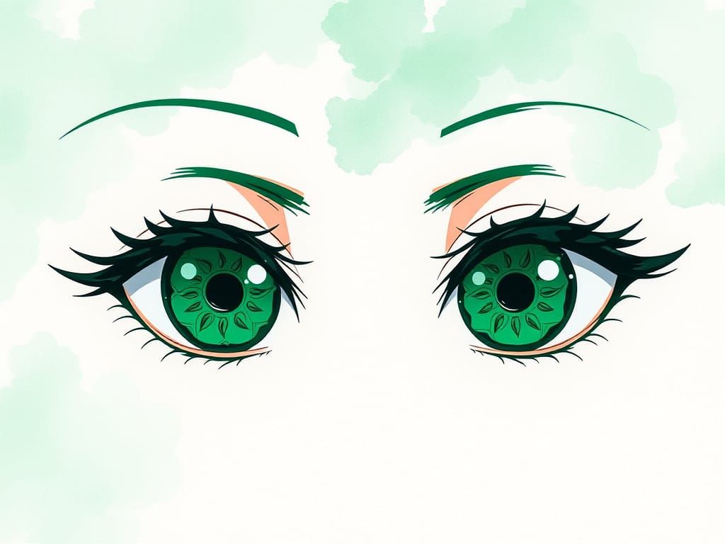 Emerald Green Anime Eyes in Watercolor Style