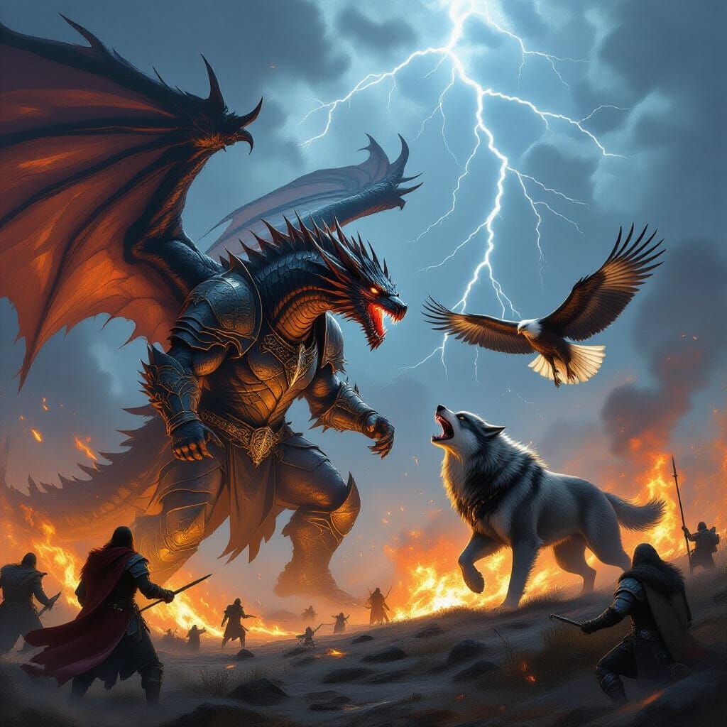 Dragon Battles Wolf King & Fire Eagle in Stormy Landscape