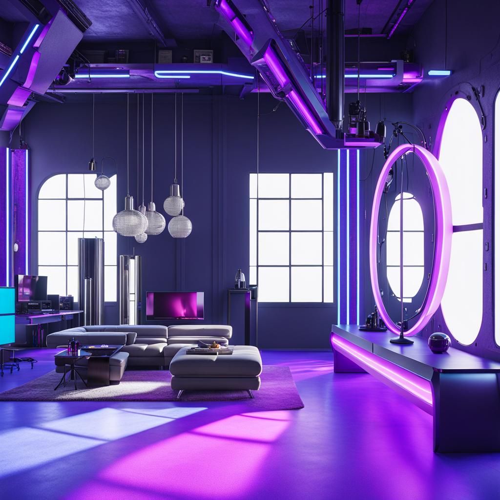 Cyber punk themed loft apartment with purple walls with blue...