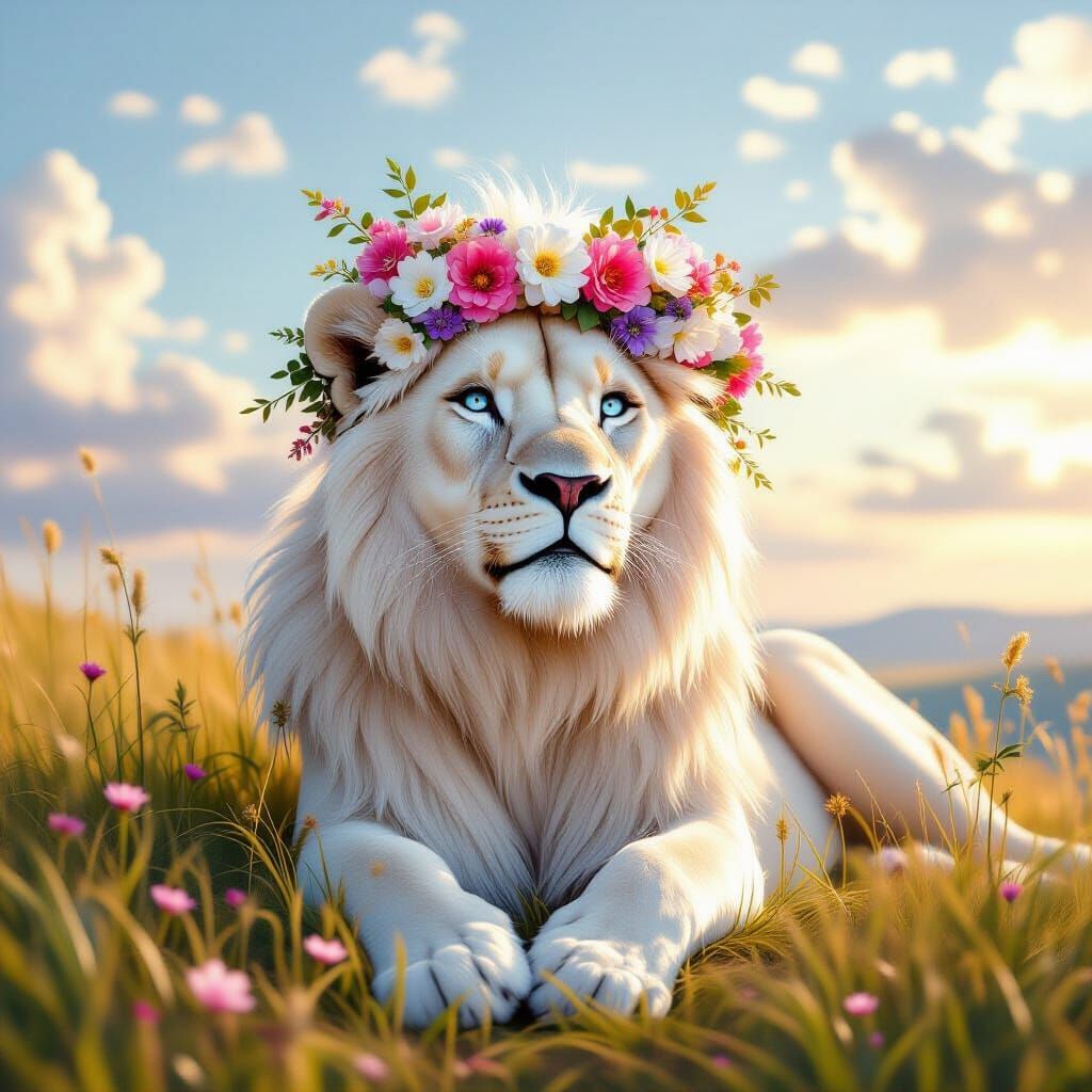 White Lioness with Floral Halo in Savannah
