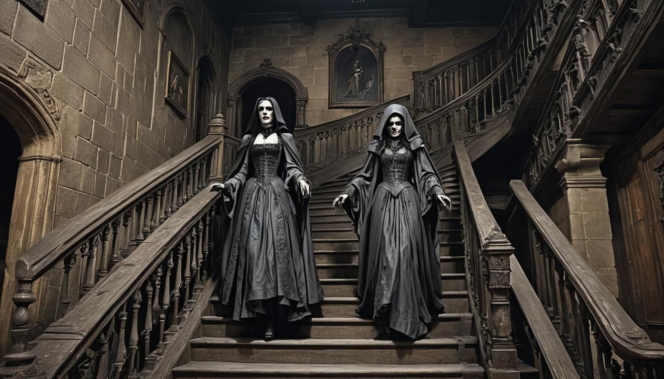 Haunted Stairway with Ghostly Apparition in Dracula's Castle