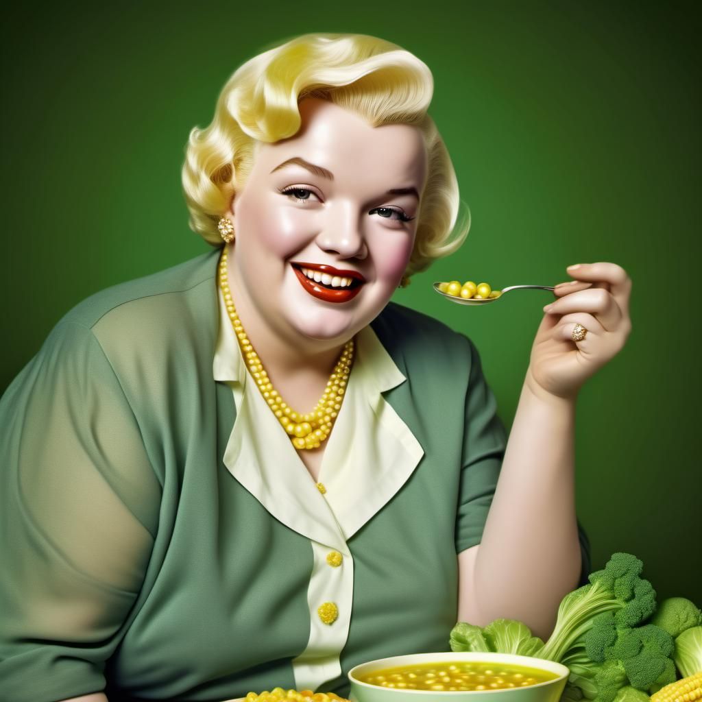 Obese Marilyn Monroe Eating Soup in 1950s Style