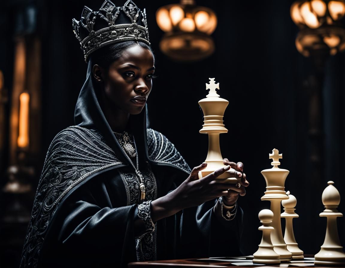 Sinister Black Queen with Chess Piece in HDR